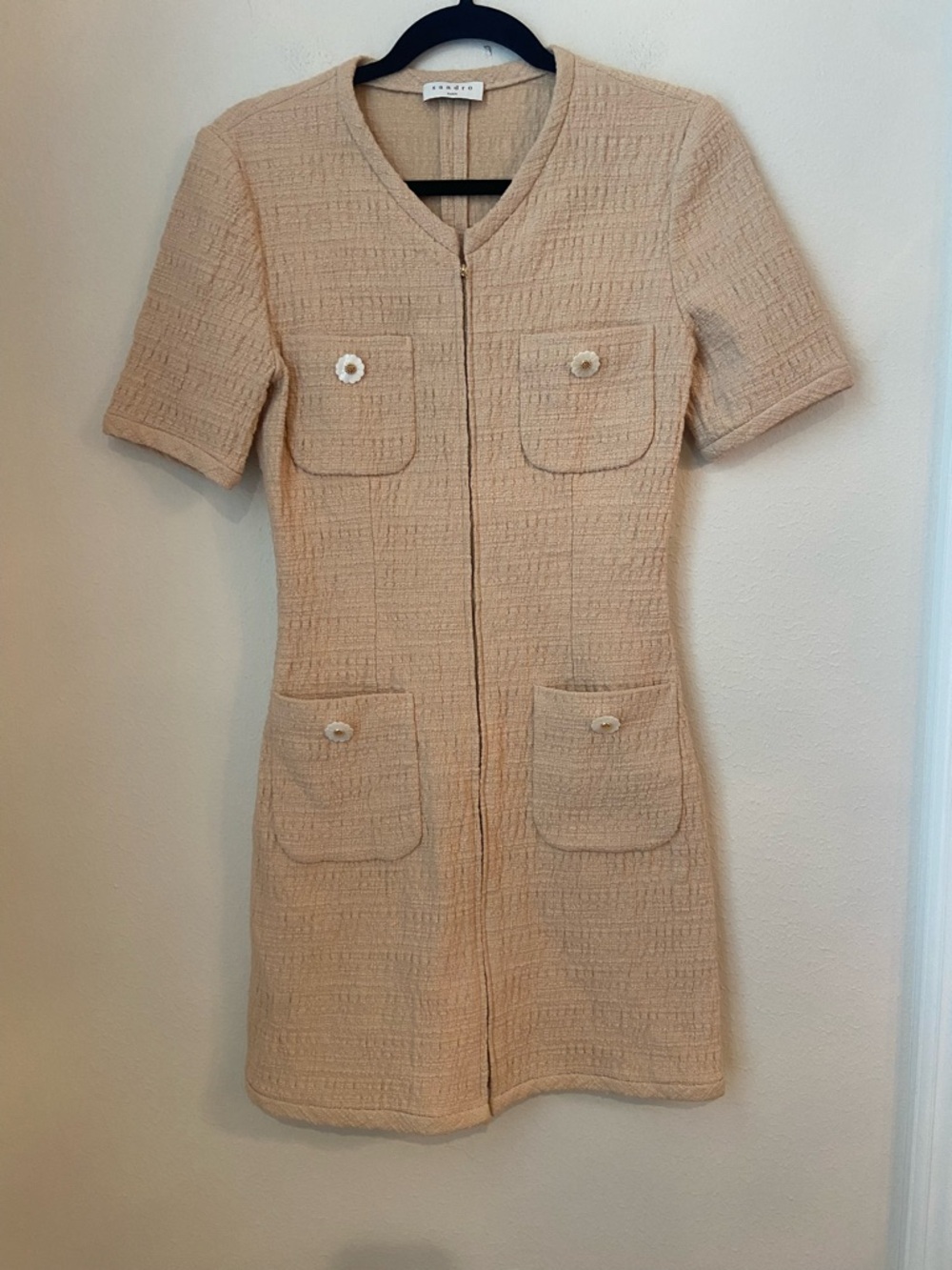 Sandro Paris Nadege Tweed Mini Dress Beige Short Sleeve Zip Front Size 36 - Picture 3 of 9